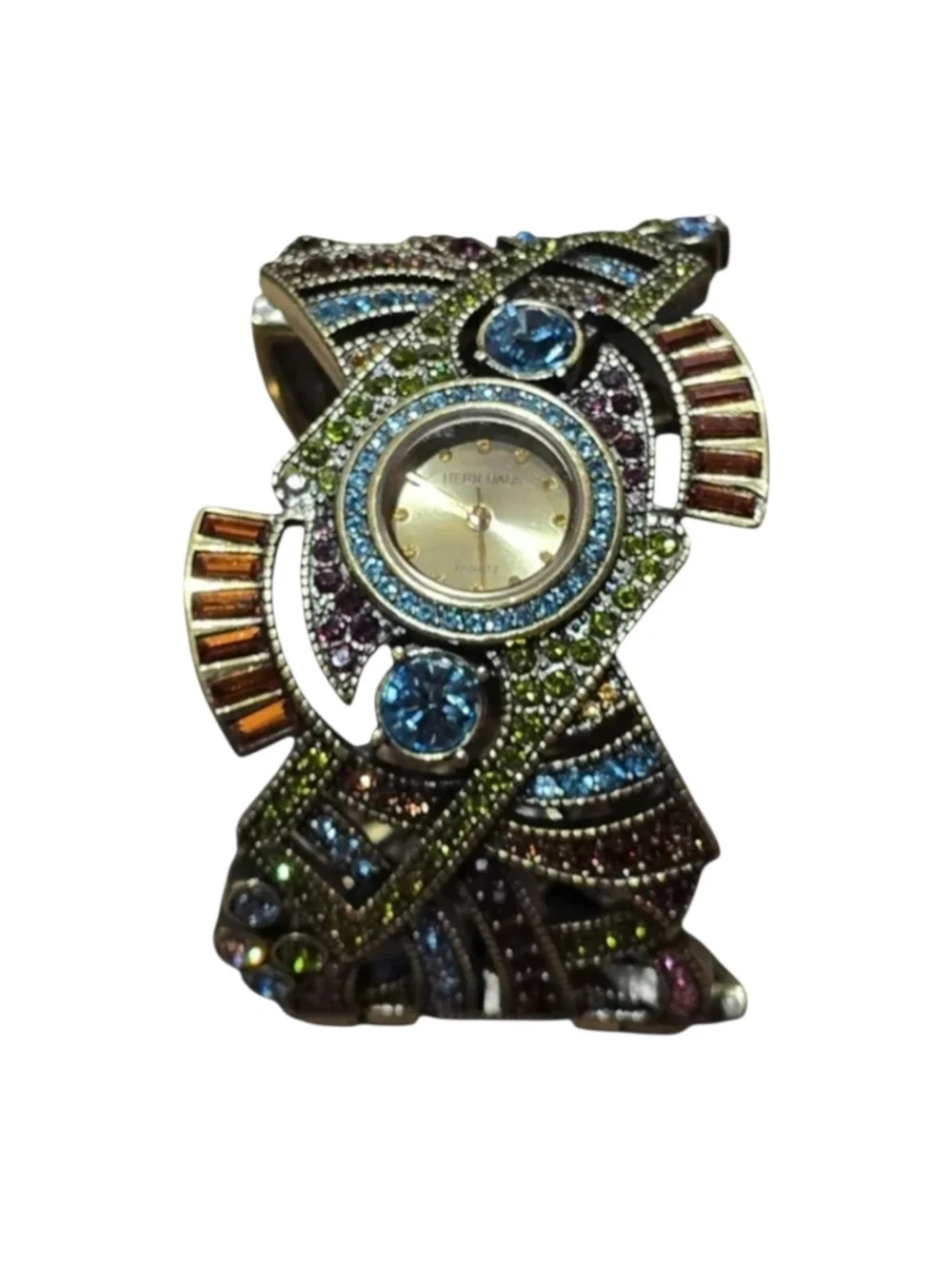 Heidi Daus Art Deco Swarovski Crystal Golden Bronze Cuff Bracelet Watch - Picture 3 of 10